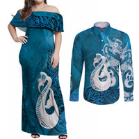 New Zealand Matariki Couples Matching Off Shoulder Maxi Dress and Long Sleeve Button Shirt Maori Manaia Galaxy Silver Fern Blue Color LT22 Blue - Polynesian Pride