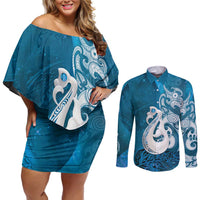 New Zealand Matariki Couples Matching Off Shoulder Short Dress and Long Sleeve Button Shirt Maori Manaia Galaxy Silver Fern Blue Color LT22 Blue - Polynesian Pride
