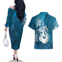 New Zealand Matariki Couples Matching Off The Shoulder Long Sleeve Dress and Hawaiian Shirt Maori Manaia Galaxy Silver Fern Blue Color LT22 - Polynesian Pride