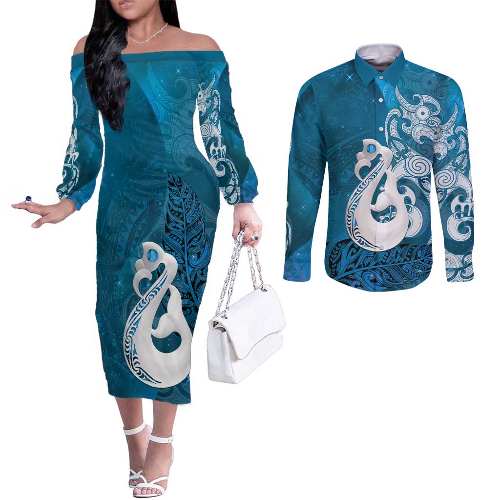 New Zealand Matariki Couples Matching Off The Shoulder Long Sleeve Dress and Long Sleeve Button Shirt Maori Manaia Galaxy Silver Fern Blue Color LT22 Blue - Polynesian Pride