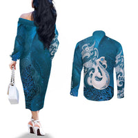 New Zealand Matariki Couples Matching Off The Shoulder Long Sleeve Dress and Long Sleeve Button Shirt Maori Manaia Galaxy Silver Fern Blue Color LT22 - Polynesian Pride