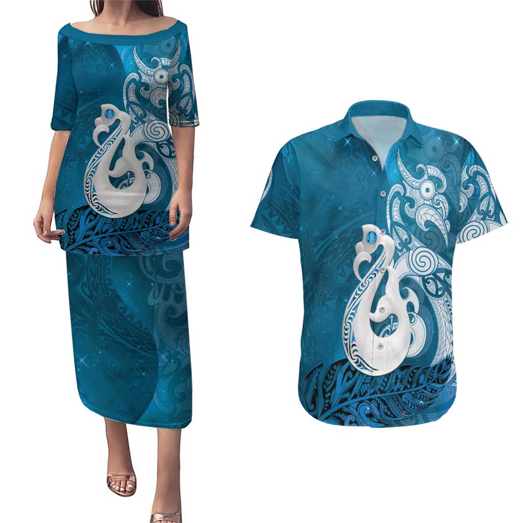 New Zealand Matariki Couples Matching Puletasi and Hawaiian Shirt Maori Manaia Galaxy Silver Fern Blue Color LT22 Blue - Polynesian Pride
