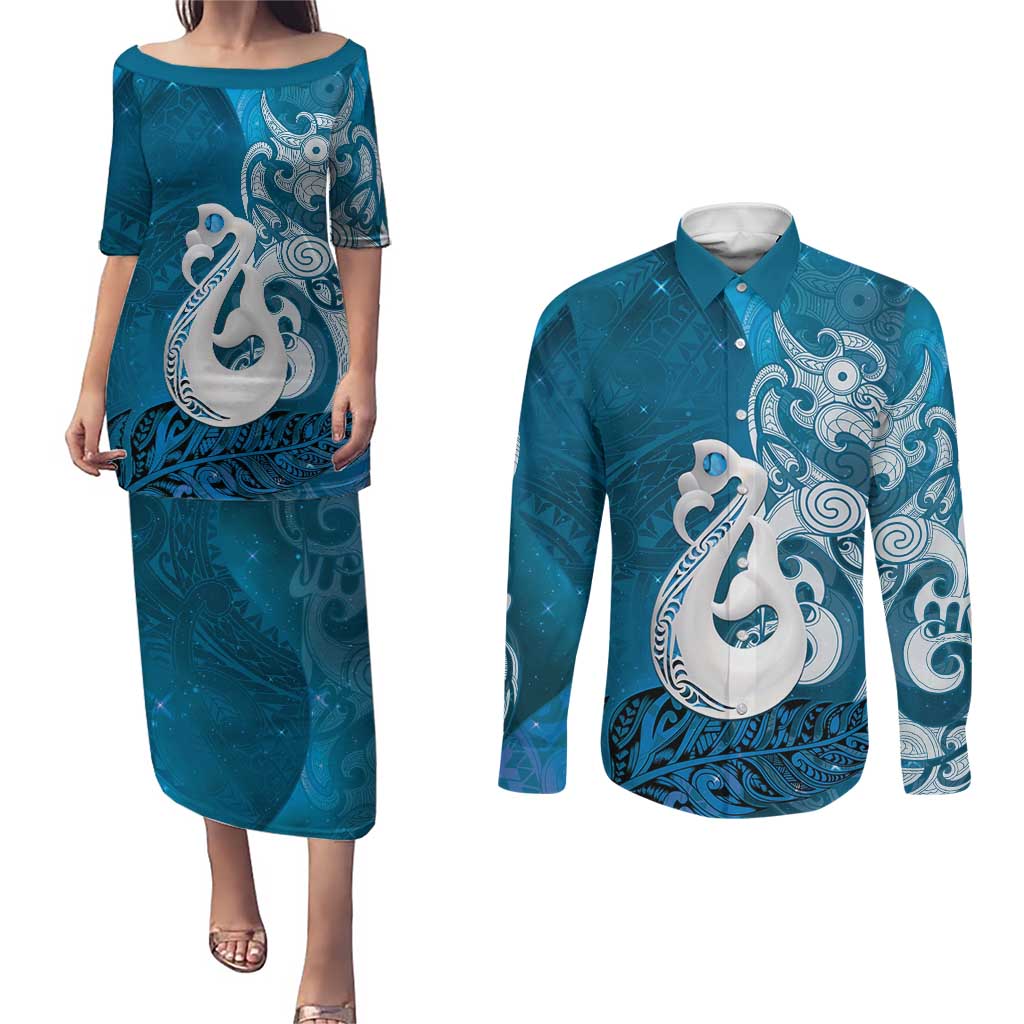 New Zealand Matariki Couples Matching Puletasi and Long Sleeve Button Shirt Maori Manaia Galaxy Silver Fern Blue Color LT22 Blue - Polynesian Pride