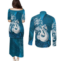 New Zealand Matariki Couples Matching Puletasi and Long Sleeve Button Shirt Maori Manaia Galaxy Silver Fern Blue Color LT22 - Polynesian Pride