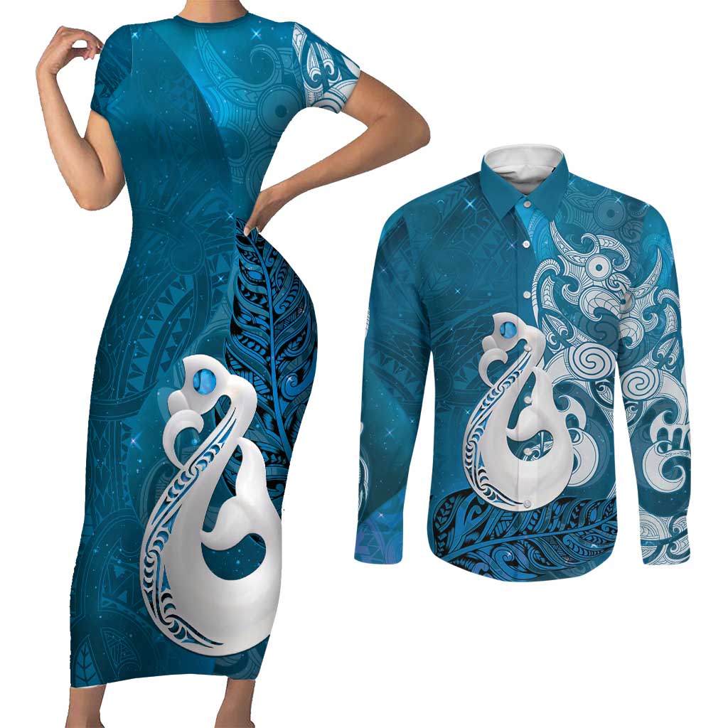 New Zealand Matariki Couples Matching Short Sleeve Bodycon Dress and Long Sleeve Button Shirt Maori Manaia Galaxy Silver Fern Blue Color LT22 Blue - Polynesian Pride