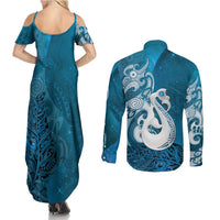 New Zealand Matariki Couples Matching Summer Maxi Dress and Long Sleeve Button Shirt Maori Manaia Galaxy Silver Fern Blue Color LT22 - Polynesian Pride