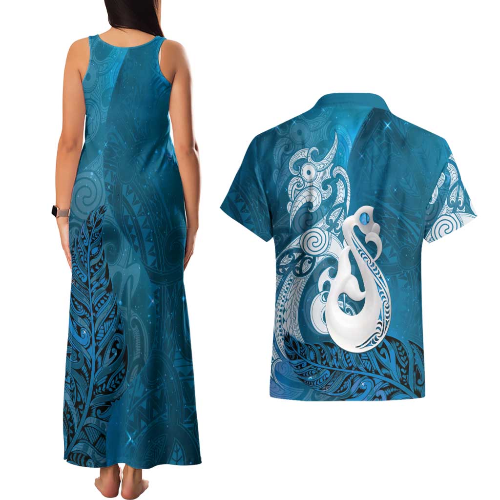 New Zealand Matariki Couples Matching Tank Maxi Dress and Hawaiian Shirt Maori Manaia Galaxy Silver Fern Blue Color LT22 - Polynesian Pride
