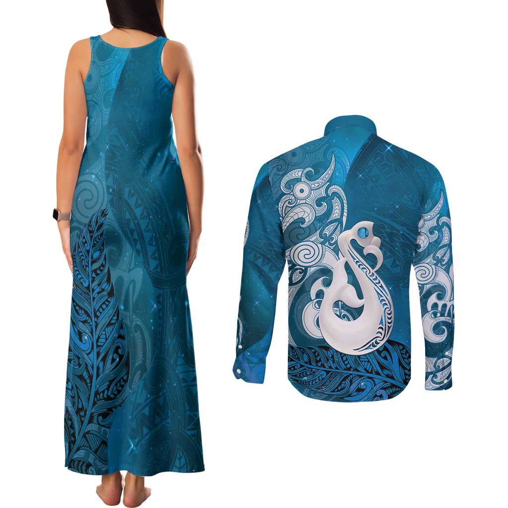 New Zealand Matariki Couples Matching Tank Maxi Dress and Long Sleeve Button Shirt Maori Manaia Galaxy Silver Fern Blue Color LT22 - Polynesian Pride