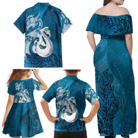 New Zealand Matariki Family Matching Off Shoulder Maxi Dress and Hawaiian Shirt Maori Manaia Galaxy Silver Fern Blue Color LT22 - Polynesian Pride