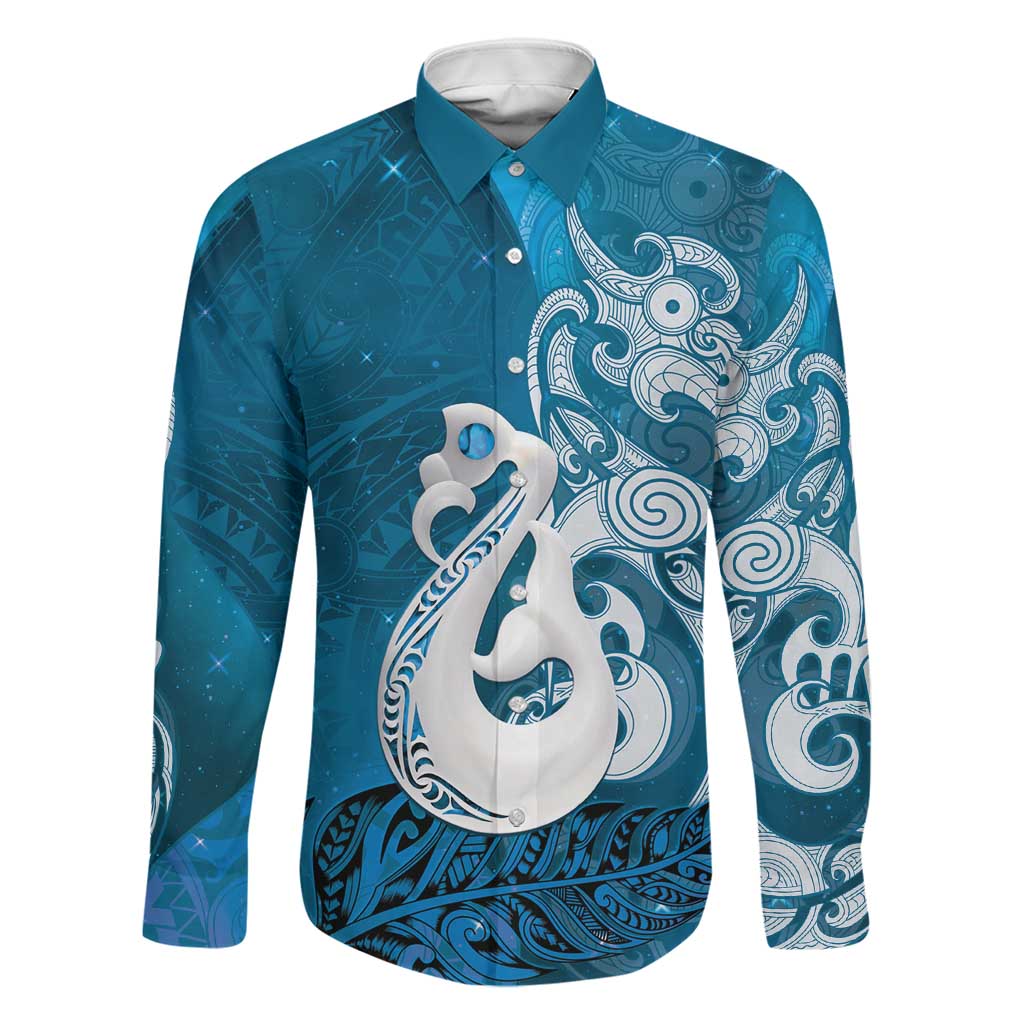 New Zealand Matariki Family Matching Off Shoulder Maxi Dress and Hawaiian Shirt Maori Manaia Galaxy Silver Fern Blue Color LT22 Dad's Shirt - Long Sleeve Blue - Polynesian Pride