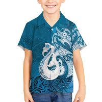 New Zealand Matariki Family Matching Puletasi and Hawaiian Shirt Maori Manaia Galaxy Silver Fern Blue Color LT22 Son's Shirt Blue - Polynesian Pride