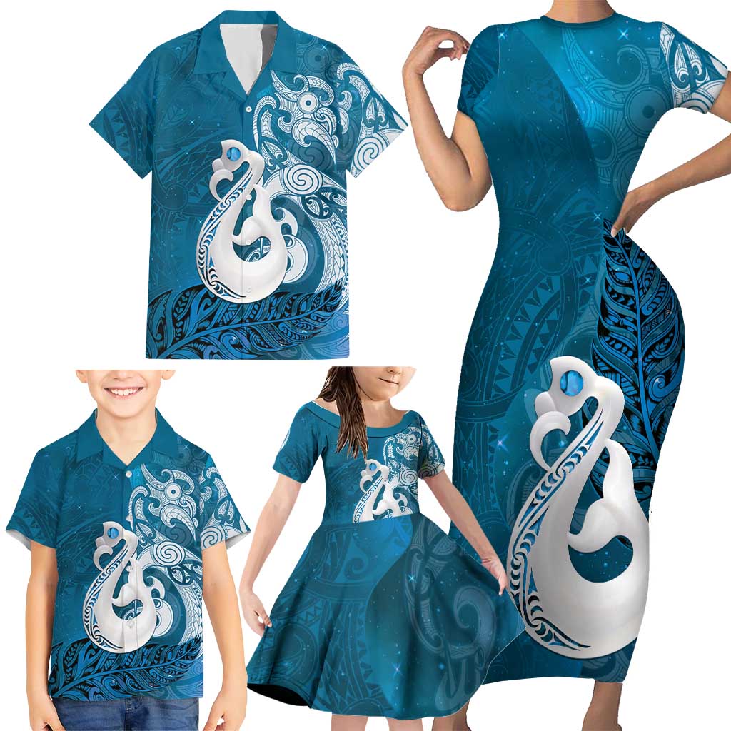 New Zealand Matariki Family Matching Short Sleeve Bodycon Dress and Hawaiian Shirt Maori Manaia Galaxy Silver Fern Blue Color