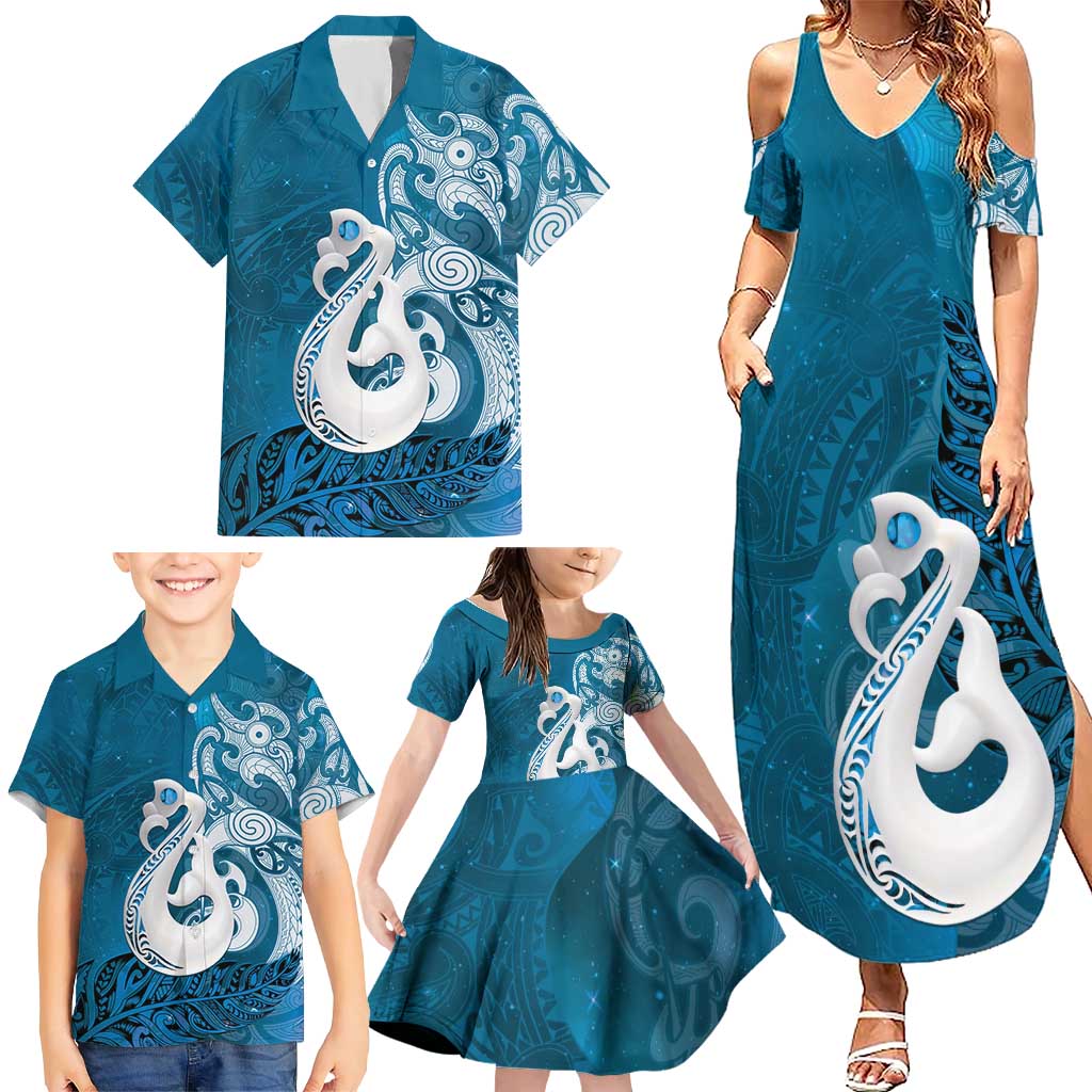 New Zealand Matariki Family Matching Summer Maxi Dress and Hawaiian Shirt Maori Manaia Galaxy Silver Fern Blue Color