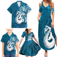 New Zealand Matariki Family Matching Summer Maxi Dress and Hawaiian Shirt Maori Manaia Galaxy Silver Fern Blue Color LT22 - Polynesian Pride