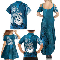 New Zealand Matariki Family Matching Summer Maxi Dress and Hawaiian Shirt Maori Manaia Galaxy Silver Fern Blue Color LT22 - Polynesian Pride