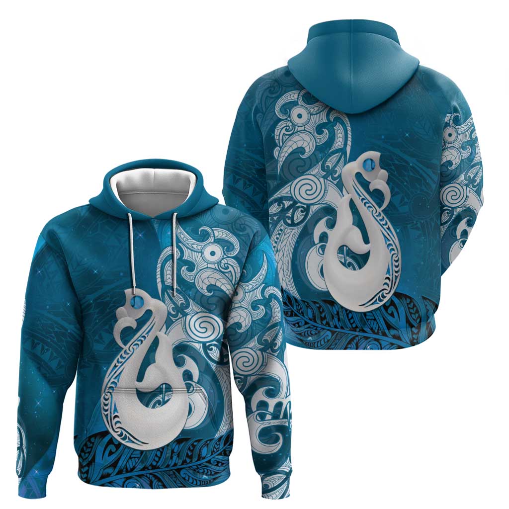 New Zealand Matariki Hoodie Maori Manaia Galaxy Silver Fern Blue Color