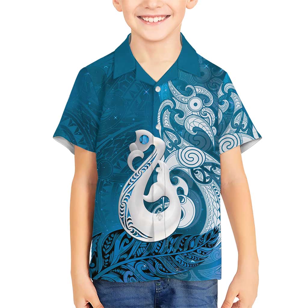 New Zealand Matariki Kid Hawaiian Shirt Maori Manaia Galaxy Silver Fern Blue Color