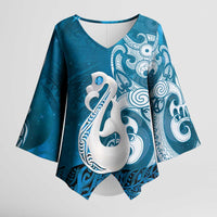 New Zealand Matariki Kimono Sleeve Blouse Maori Manaia Galaxy Silver Fern Blue Color