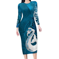 New Zealand Matariki Long Sleeve Bodycon Dress Maori Manaia Galaxy Silver Fern Blue Color LT22 Long Dress Blue - Polynesian Pride
