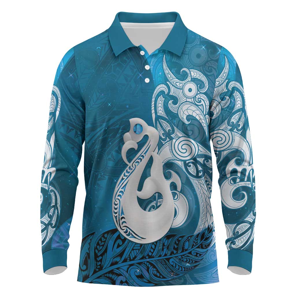 New Zealand Matariki Long Sleeve Polo Shirt Maori Manaia Galaxy Silver Fern Blue Color LT22 Blue - Polynesian Pride