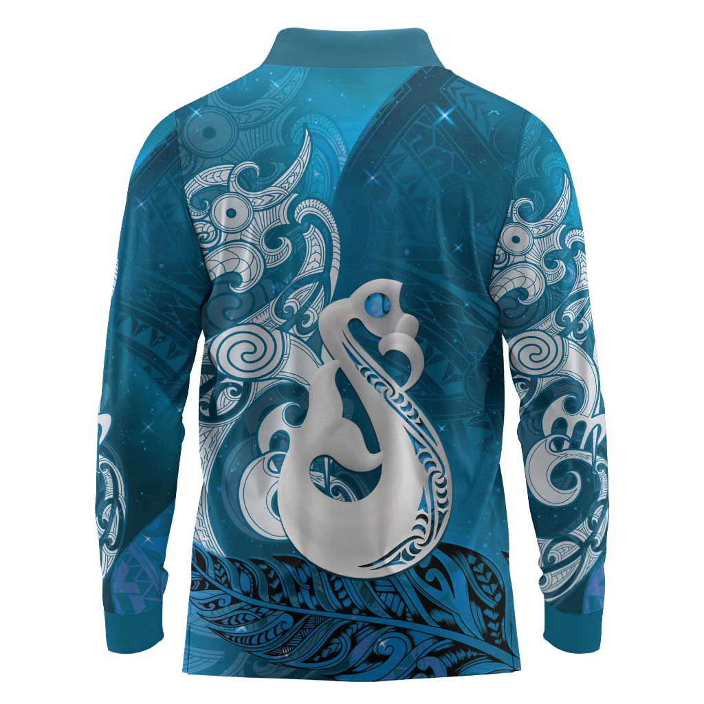New Zealand Matariki Long Sleeve Polo Shirt Maori Manaia Galaxy Silver Fern Blue Color LT22 - Polynesian Pride