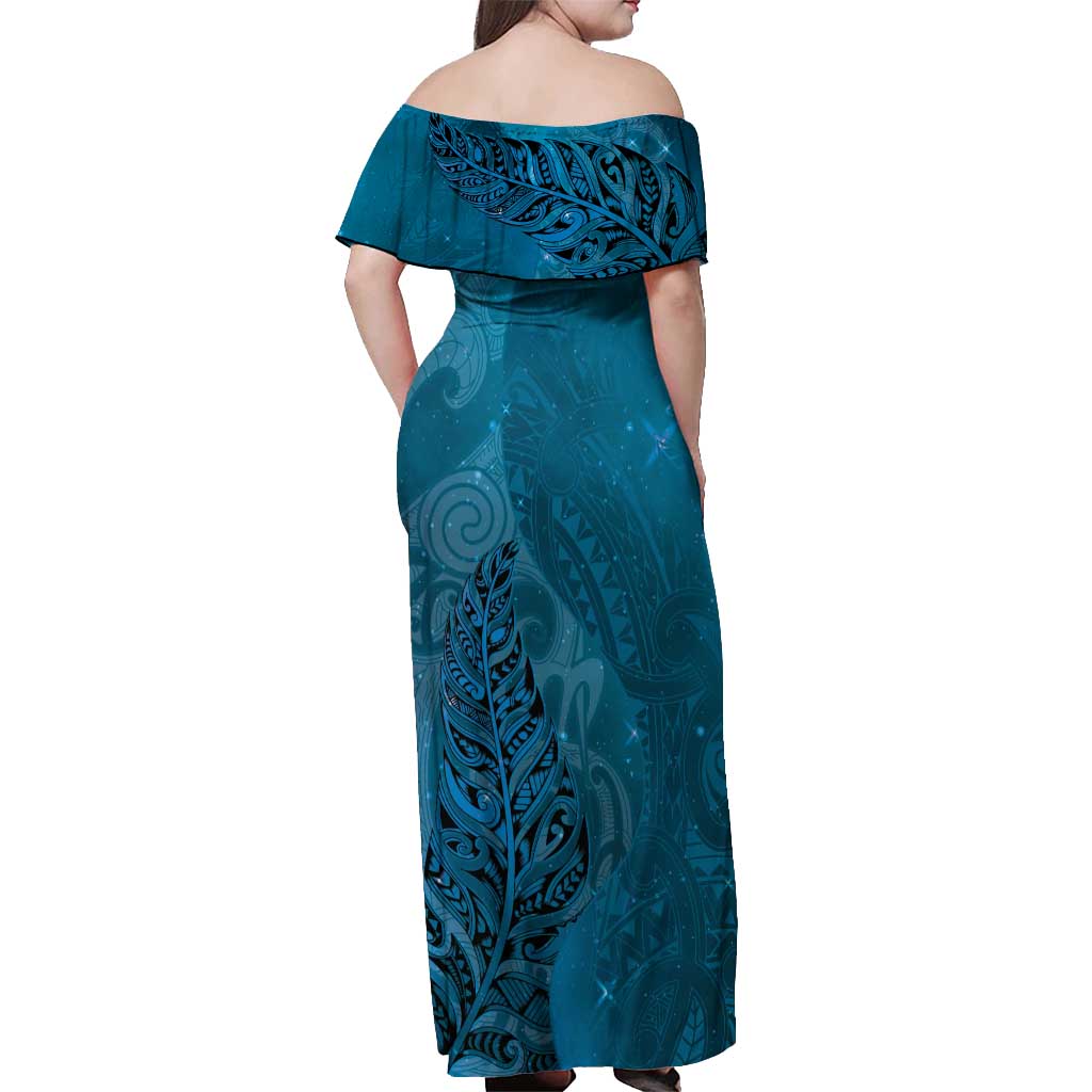 New Zealand Matariki Off Shoulder Maxi Dress Maori Manaia Galaxy Silver Fern Blue Color