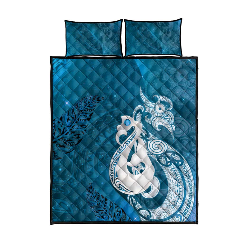 New Zealand Matariki Quilt Bed Set Maori Manaia Galaxy Silver Fern Blue Color