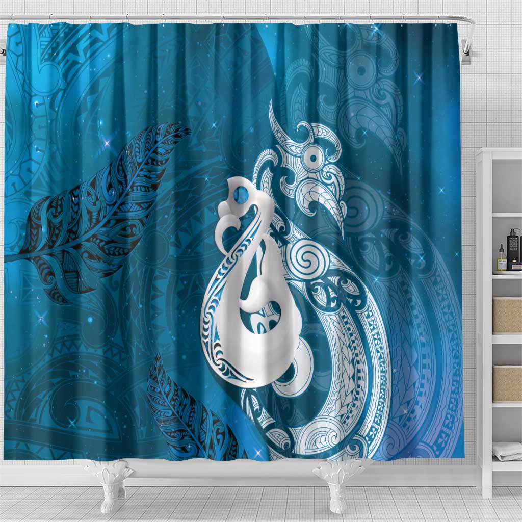 New Zealand Matariki Shower Curtain Maori Manaia Galaxy Silver Fern Blue Color