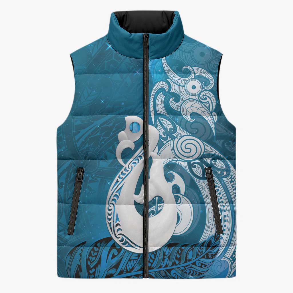 New Zealand Matariki Sleeveless Puffer Jacket Maori Manaia Galaxy Silver Fern Blue Color