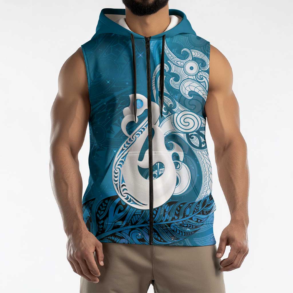 New Zealand Matariki Sleeveless Zip Hoodie Maori Manaia Galaxy Silver Fern Blue Color LT22 - Polynesian Pride
