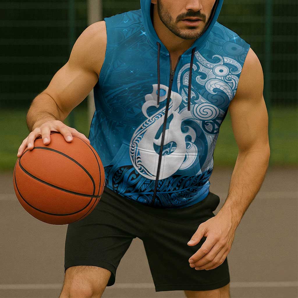 New Zealand Matariki Sleeveless Zip Hoodie Maori Manaia Galaxy Silver Fern Blue Color LT22 - Polynesian Pride
