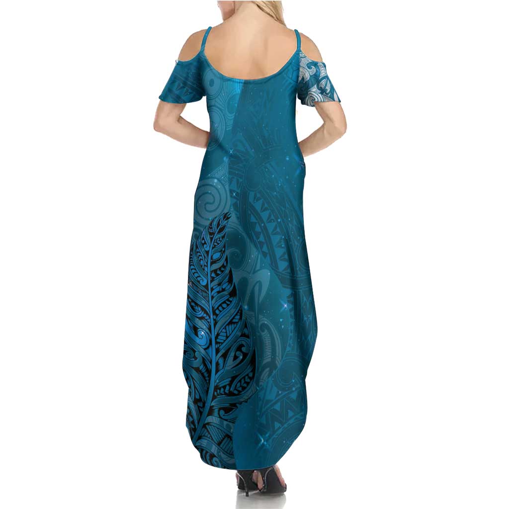 New Zealand Matariki Summer Maxi Dress Maori Manaia Galaxy Silver Fern Blue Color