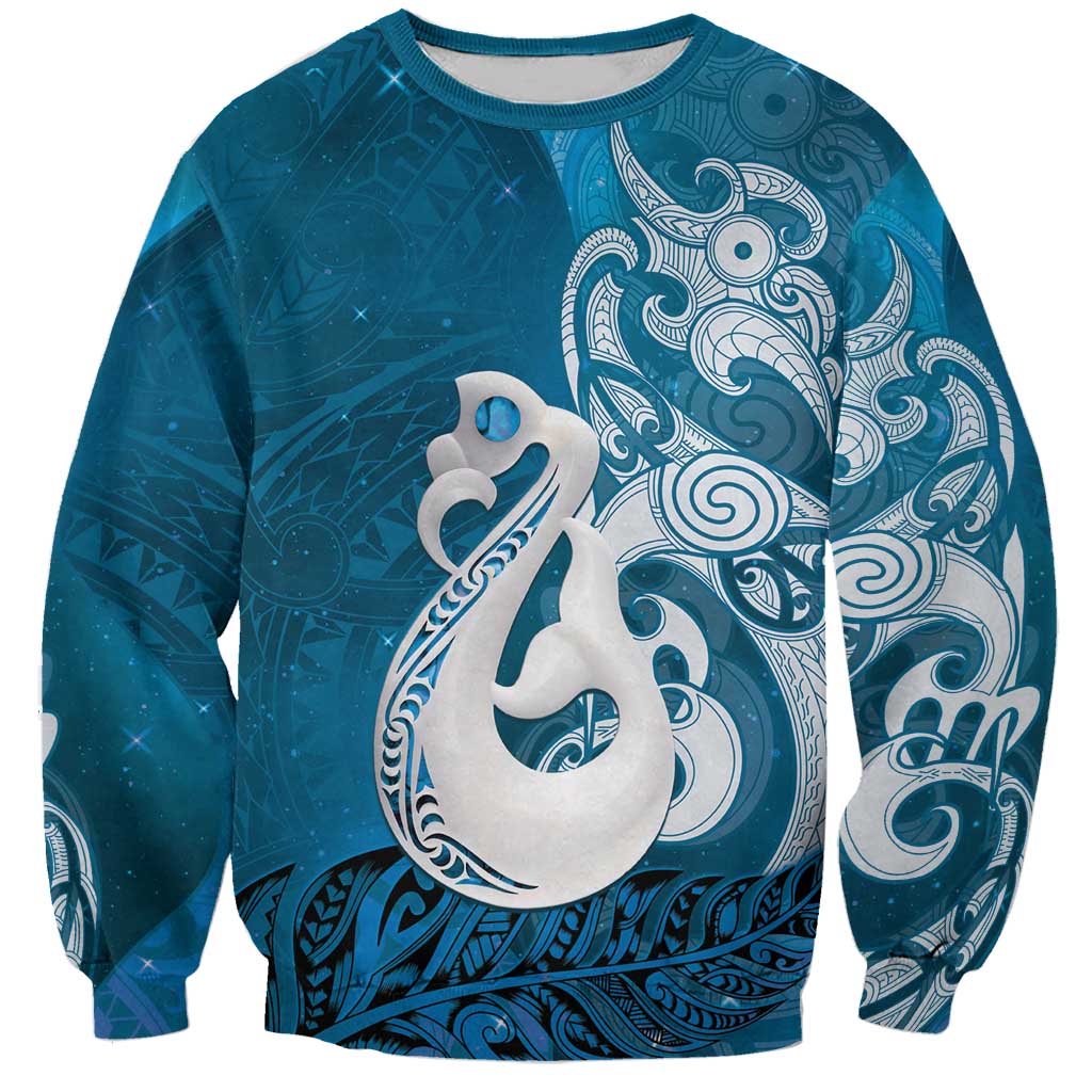 New Zealand Matariki Sweatshirt Maori Manaia Galaxy Silver Fern Blue Color