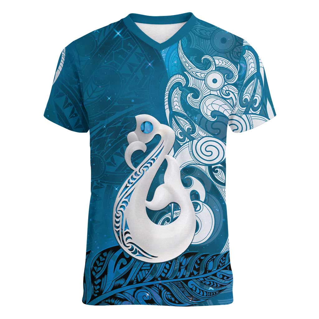 New Zealand Matariki Women V-Neck T-Shirt Maori Manaia Galaxy Silver Fern Blue Color LT22 Female Blue - Polynesian Pride