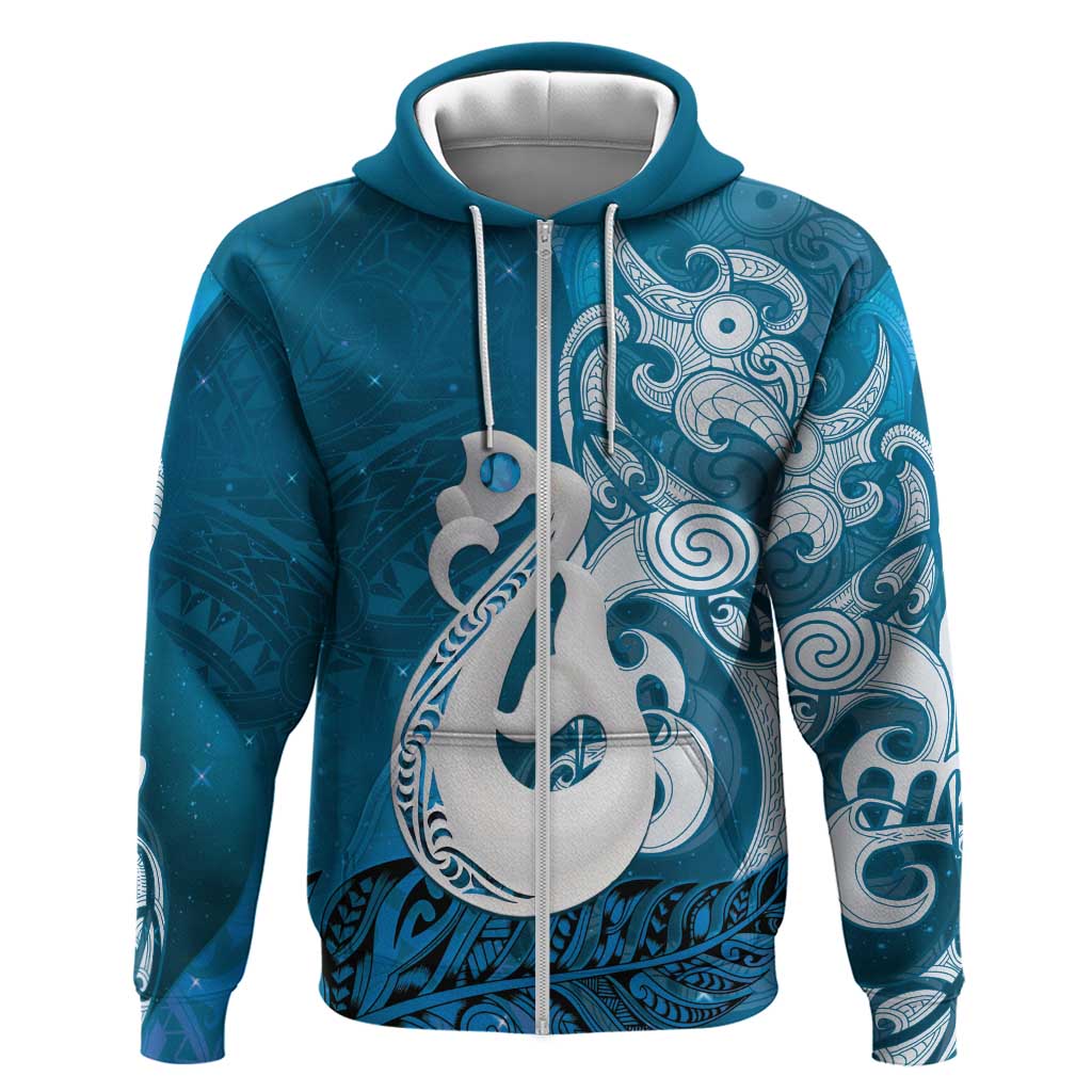 New Zealand Matariki Zip Hoodie Maori Manaia Galaxy Silver Fern Blue Color