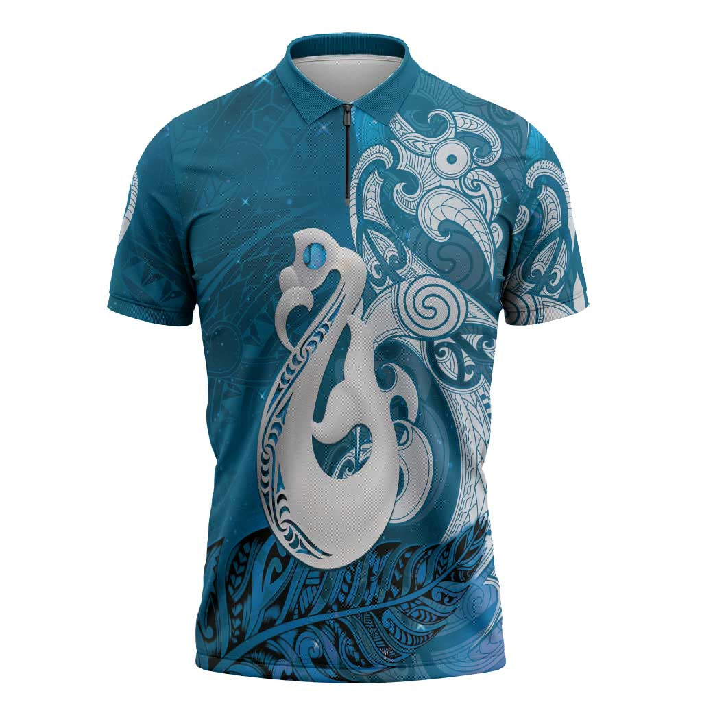 New Zealand Matariki Zipper Polo Shirt Maori Manaia Galaxy Silver Fern Blue Color LT22 Blue - Polynesian Pride