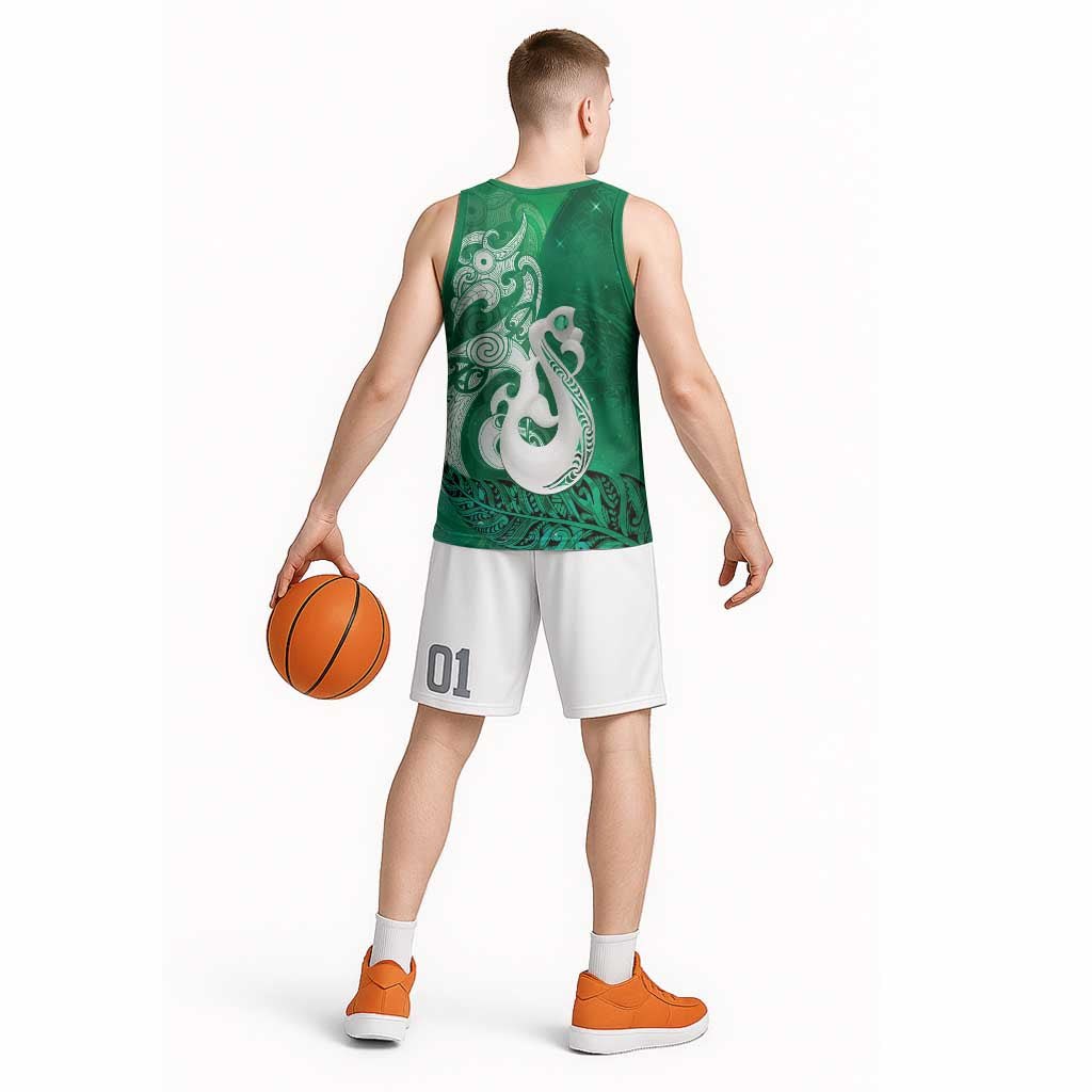 New Zealand Matariki Basketball Jersey Maori Manaia Galaxy Silver Fern Green Color LT22 - Polynesian Pride