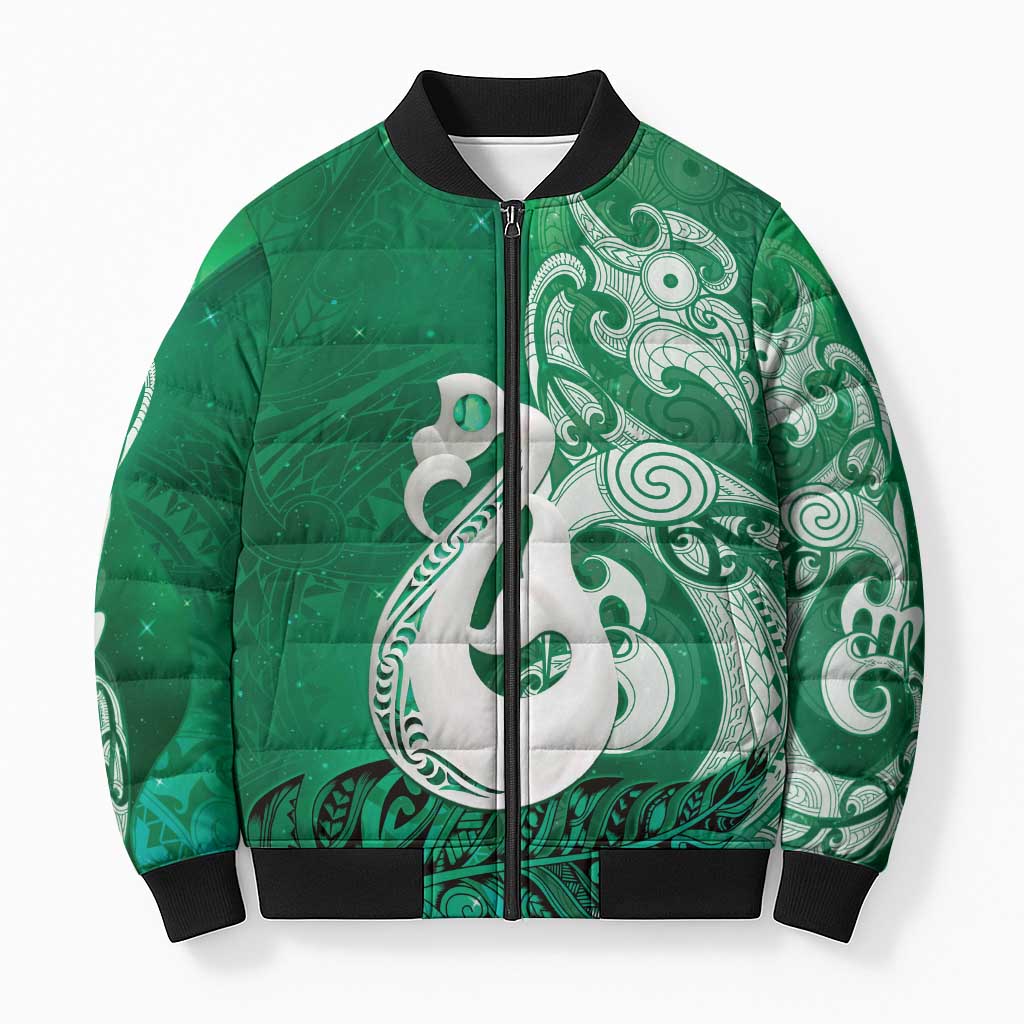 New Zealand Matariki Bomber Puffer Jacket Maori Manaia Galaxy Silver Fern Green Color