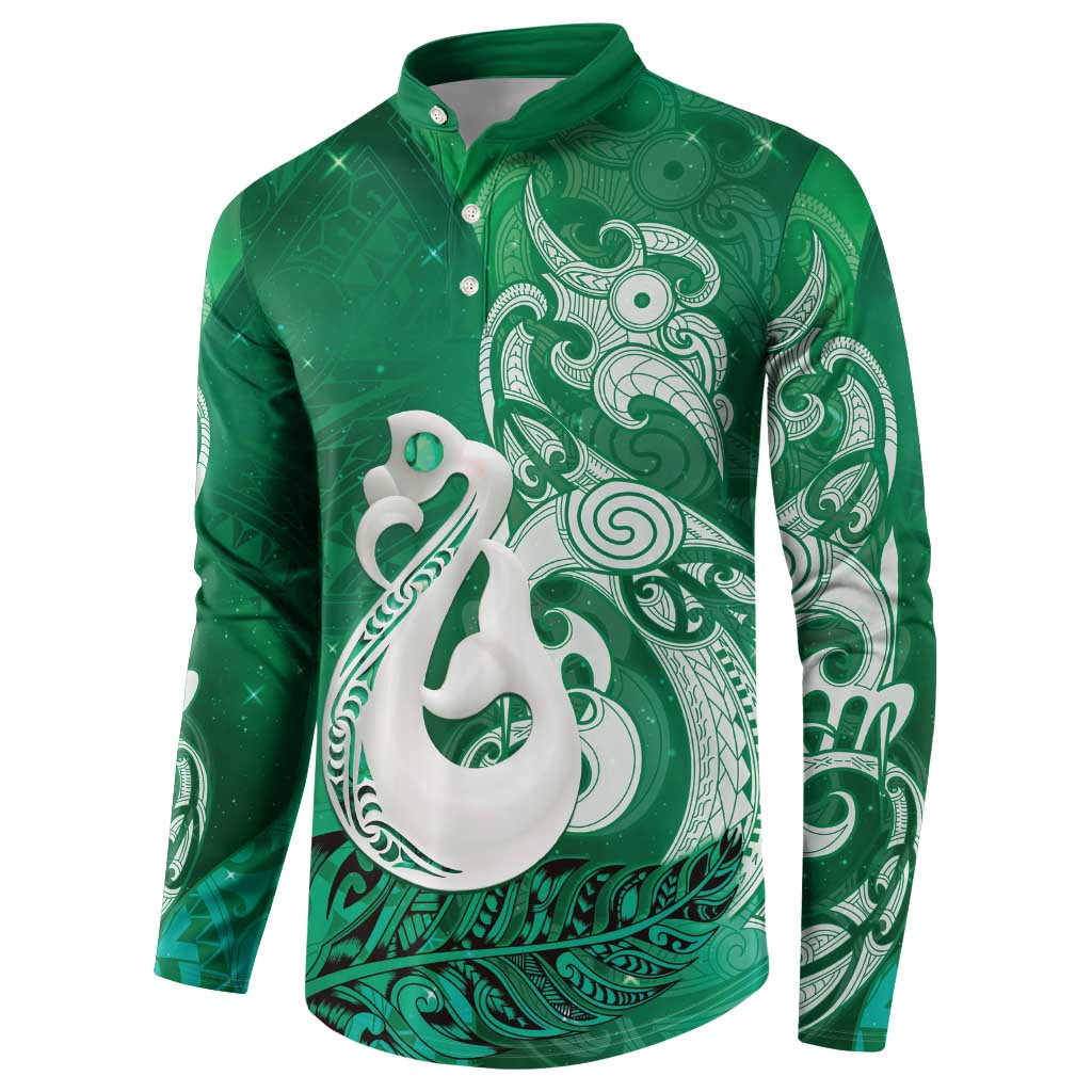 New Zealand Matariki Button Sweatshirt Maori Manaia Galaxy Silver Fern Green Color