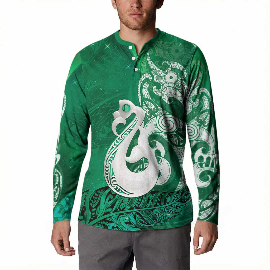 New Zealand Matariki Button Sweatshirt Maori Manaia Galaxy Silver Fern Green Color