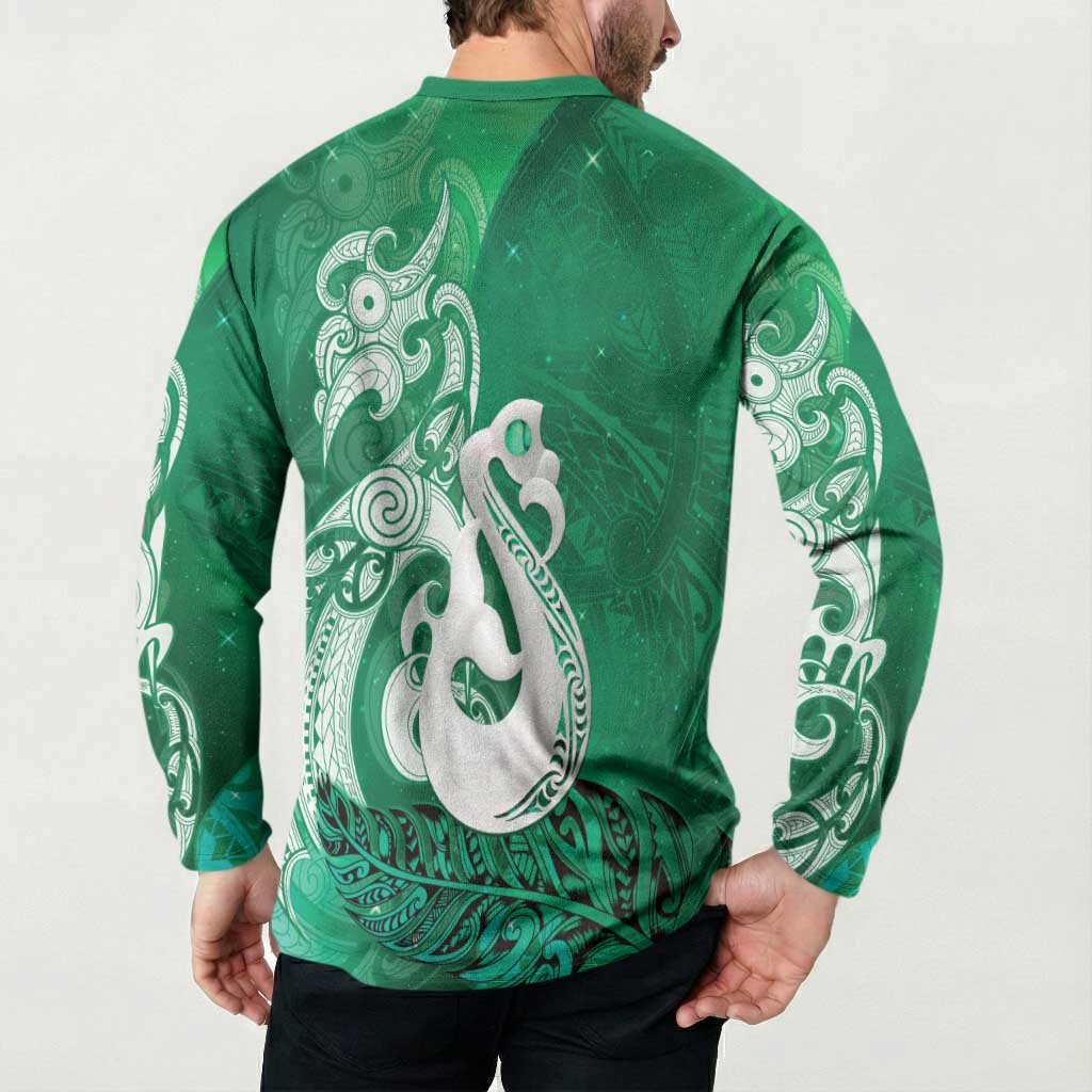 New Zealand Matariki Button Sweatshirt Maori Manaia Galaxy Silver Fern Green Color