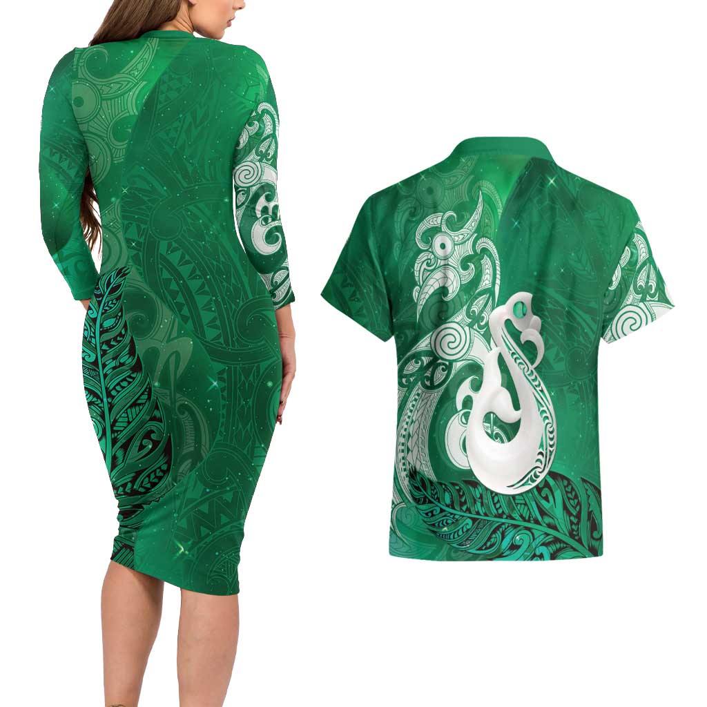 New Zealand Matariki Couples Matching Long Sleeve Bodycon Dress and Hawaiian Shirt Maori Manaia Galaxy Silver Fern Green Color LT22 - Polynesian Pride