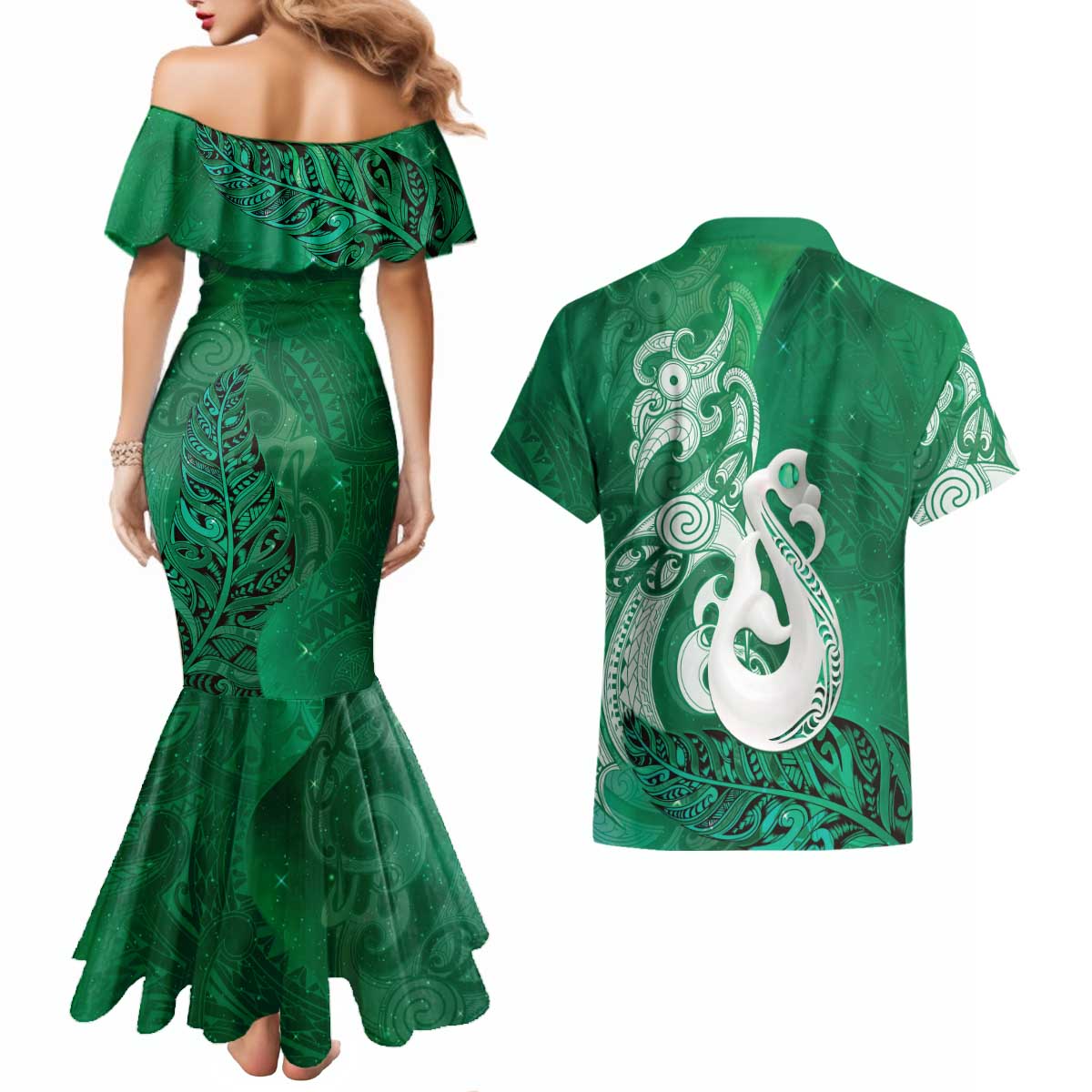 New Zealand Matariki Couples Matching Mermaid Dress and Hawaiian Shirt Maori Manaia Galaxy Silver Fern Green Color LT22 - Polynesian Pride