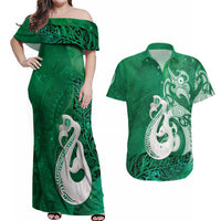 New Zealand Matariki Couples Matching Off Shoulder Maxi Dress and Hawaiian Shirt Maori Manaia Galaxy Silver Fern Green Color LT22 Green - Polynesian Pride