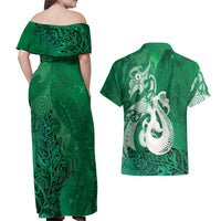 New Zealand Matariki Couples Matching Off Shoulder Maxi Dress and Hawaiian Shirt Maori Manaia Galaxy Silver Fern Green Color LT22 - Polynesian Pride