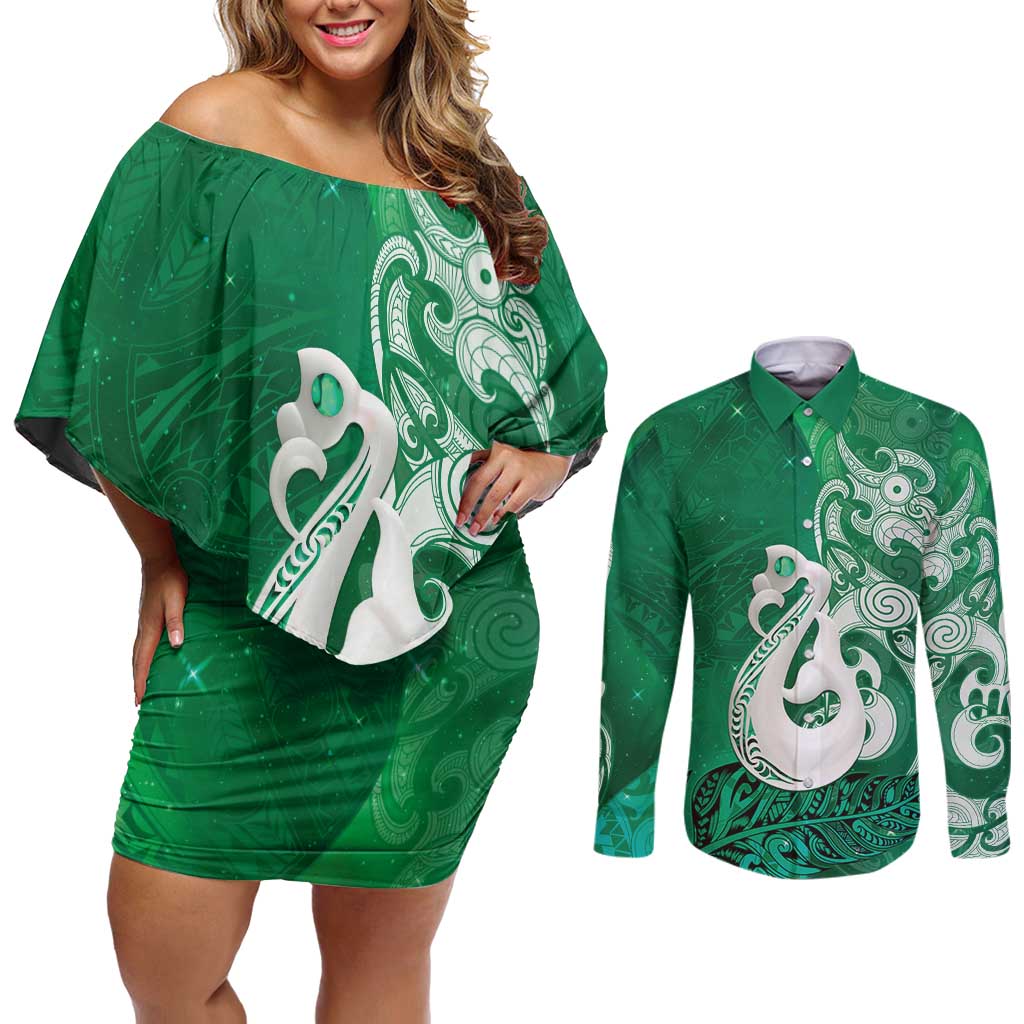 New Zealand Matariki Couples Matching Off Shoulder Short Dress and Long Sleeve Button Shirt Maori Manaia Galaxy Silver Fern Green Color LT22 Green - Polynesian Pride