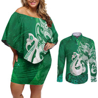 New Zealand Matariki Couples Matching Off Shoulder Short Dress and Long Sleeve Button Shirt Maori Manaia Galaxy Silver Fern Green Color LT22 Green - Polynesian Pride