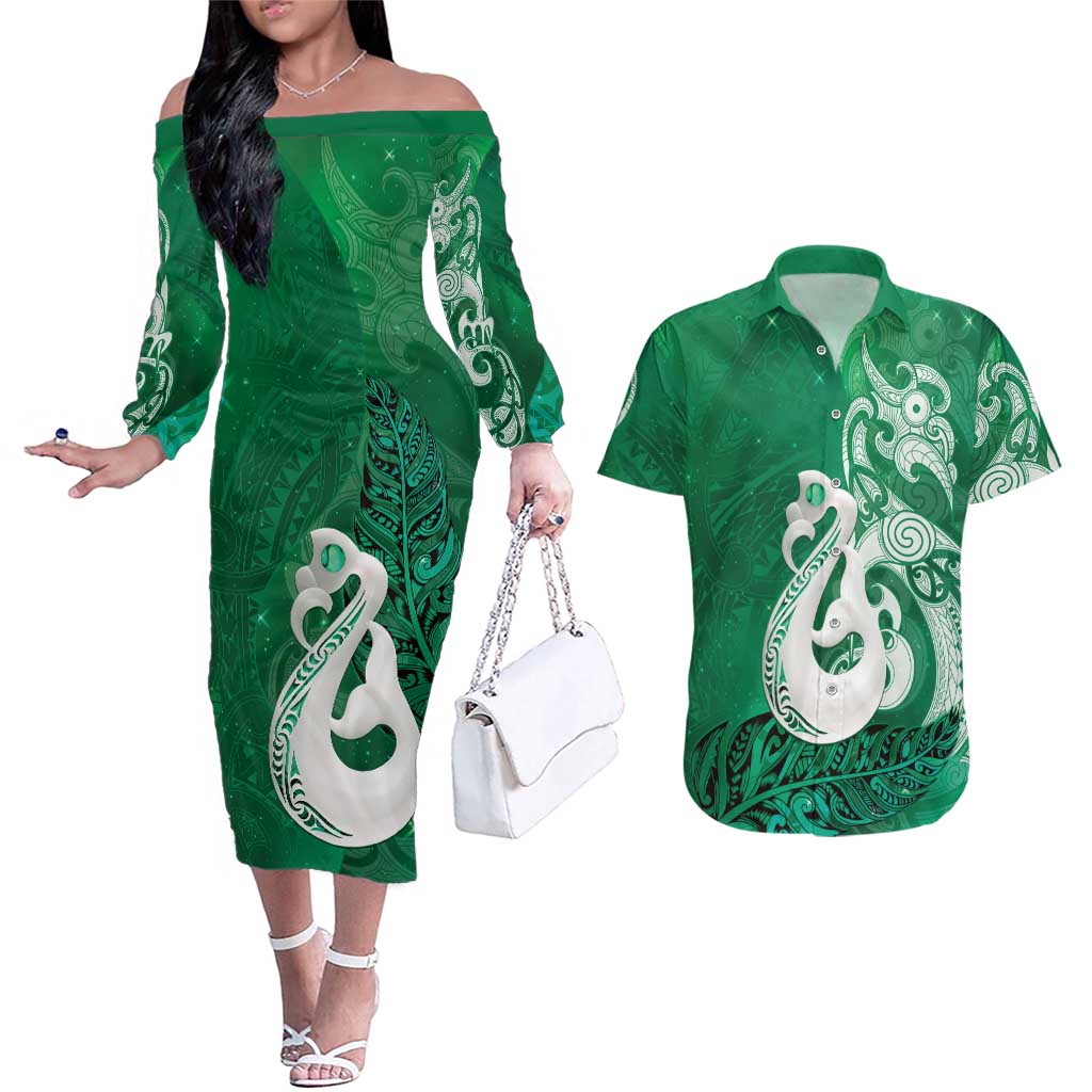 New Zealand Matariki Couples Matching Off The Shoulder Long Sleeve Dress and Hawaiian Shirt Maori Manaia Galaxy Silver Fern Green Color LT22 Green - Polynesian Pride
