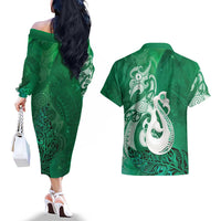 New Zealand Matariki Couples Matching Off The Shoulder Long Sleeve Dress and Hawaiian Shirt Maori Manaia Galaxy Silver Fern Green Color LT22 - Polynesian Pride