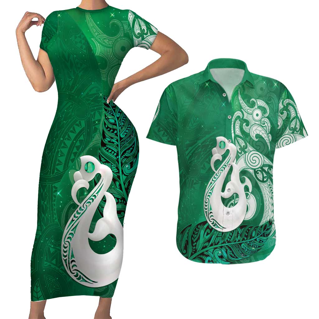 New Zealand Matariki Couples Matching Short Sleeve Bodycon Dress and Hawaiian Shirt Maori Manaia Galaxy Silver Fern Green Color